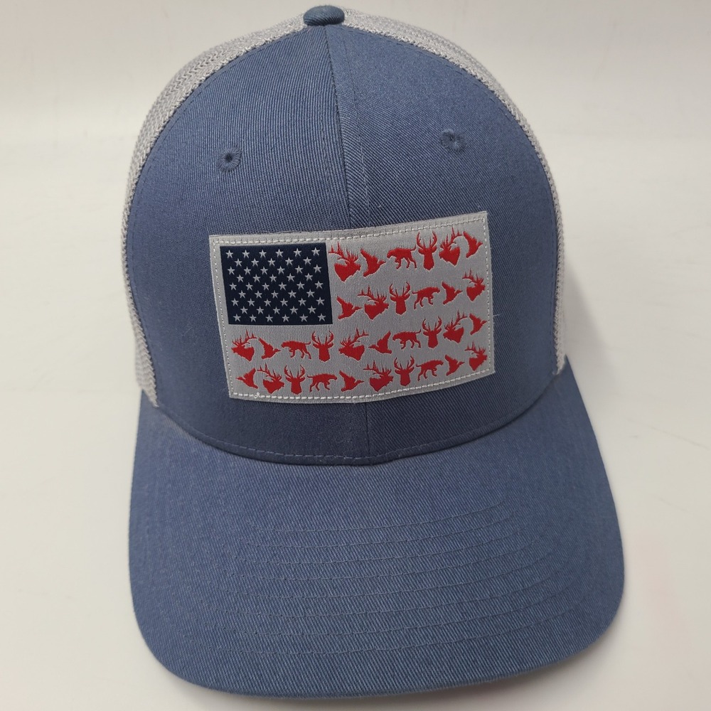 Columbia Hat Fitted‎ (Seems M-L) Trucker Mesh Blue Grey PHG American Flag Hunt